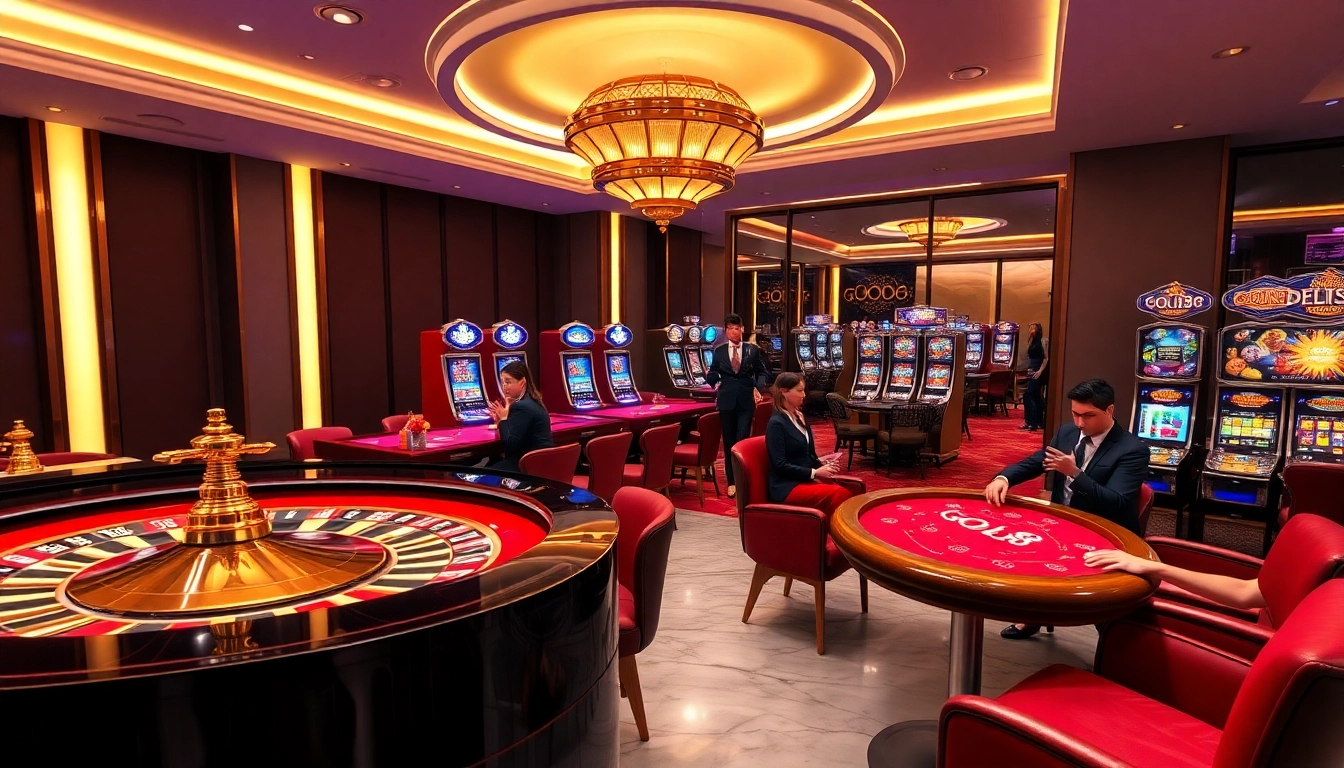 Captivating casino scene showcasing GOOD88 with vibrant games and luxurious decor.
