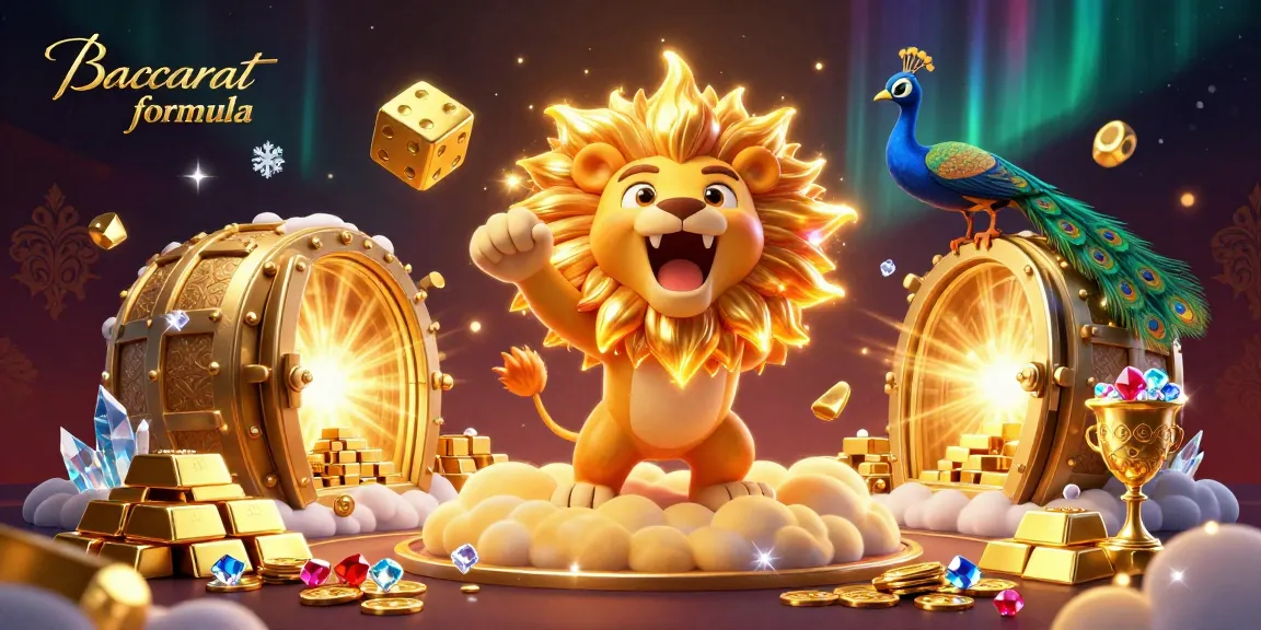 Baccarat formula illustration showcasing a lion, golden dice, and rich casino elements in a vibrant scene.