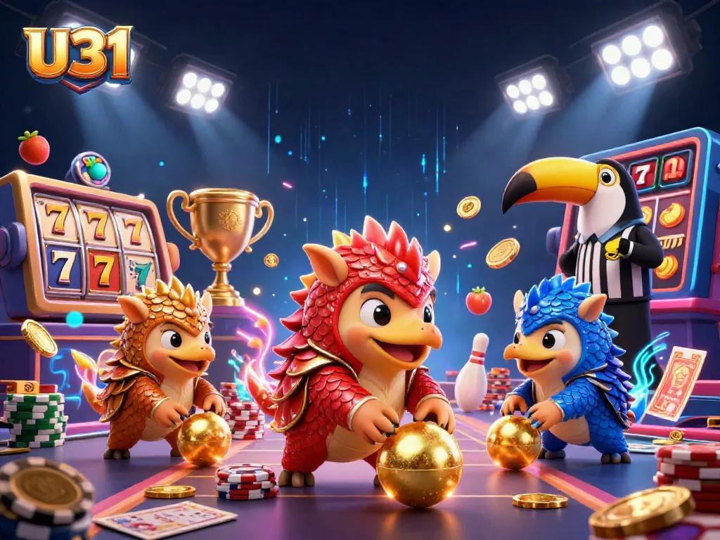 Experience U31's thrilling casino action with vibrant pangolins bowling through poker chips.