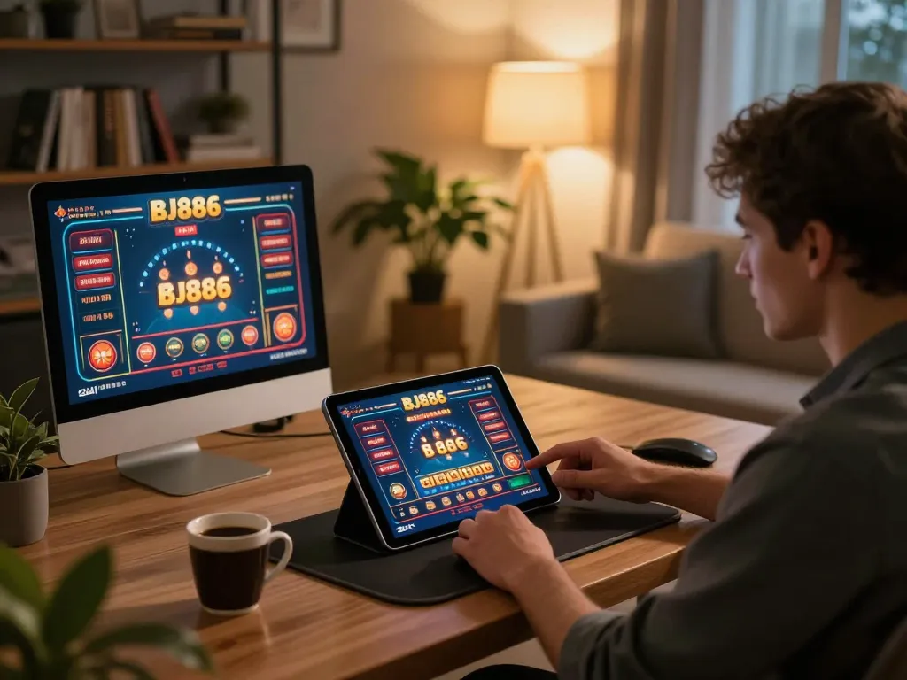 Engaging in online gambling on bj886 casino app at home with cozy decor and warm lighting.