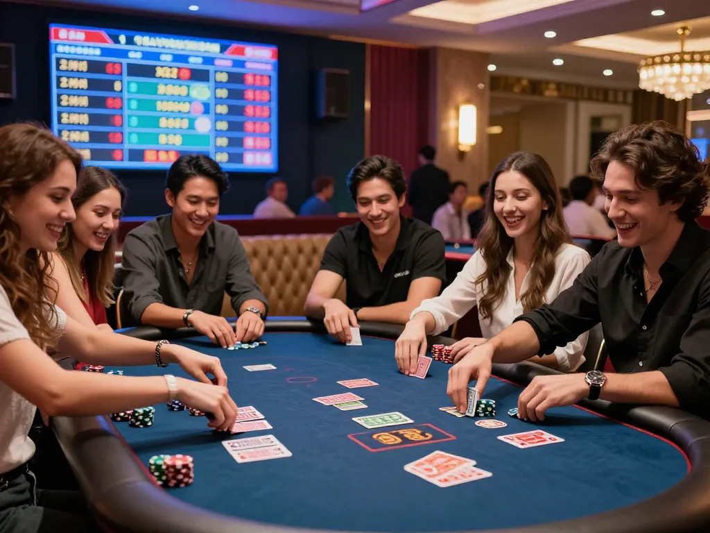 Exciting social gambling experience at https://8kbetcom.club/, friends playing poker with vibrant casino ambiance.