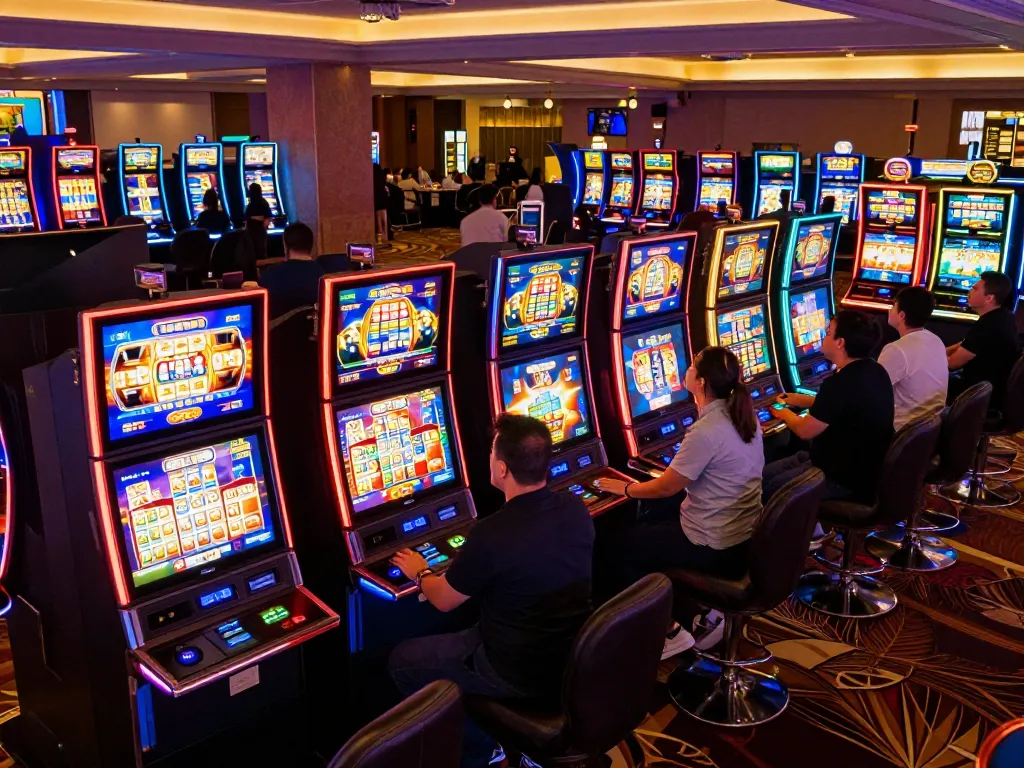 Players engaging with slot88 machines in a vibrant casino atmosphere