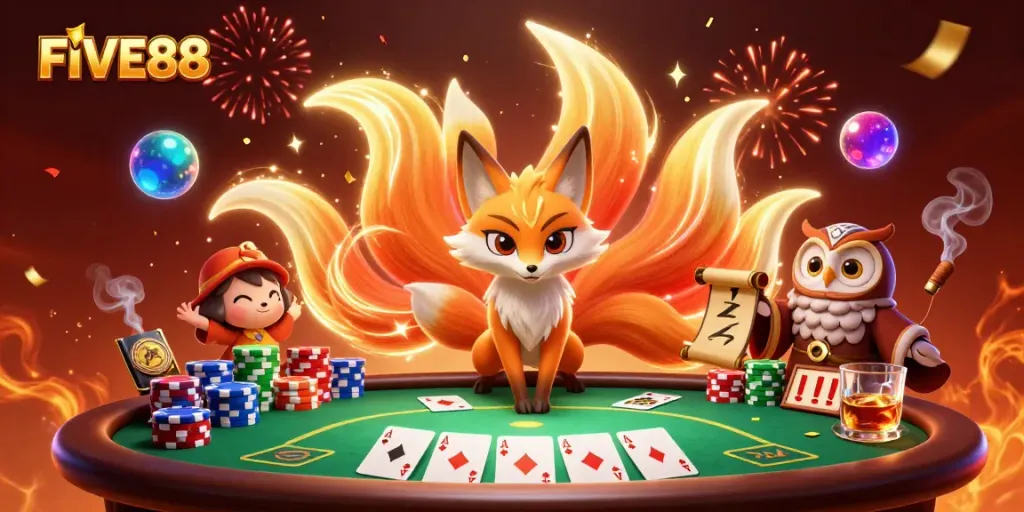 FIVE88 showcases a vibrant illustration of a nine-tailed fox spirit alongside an owl sage at a poker table.