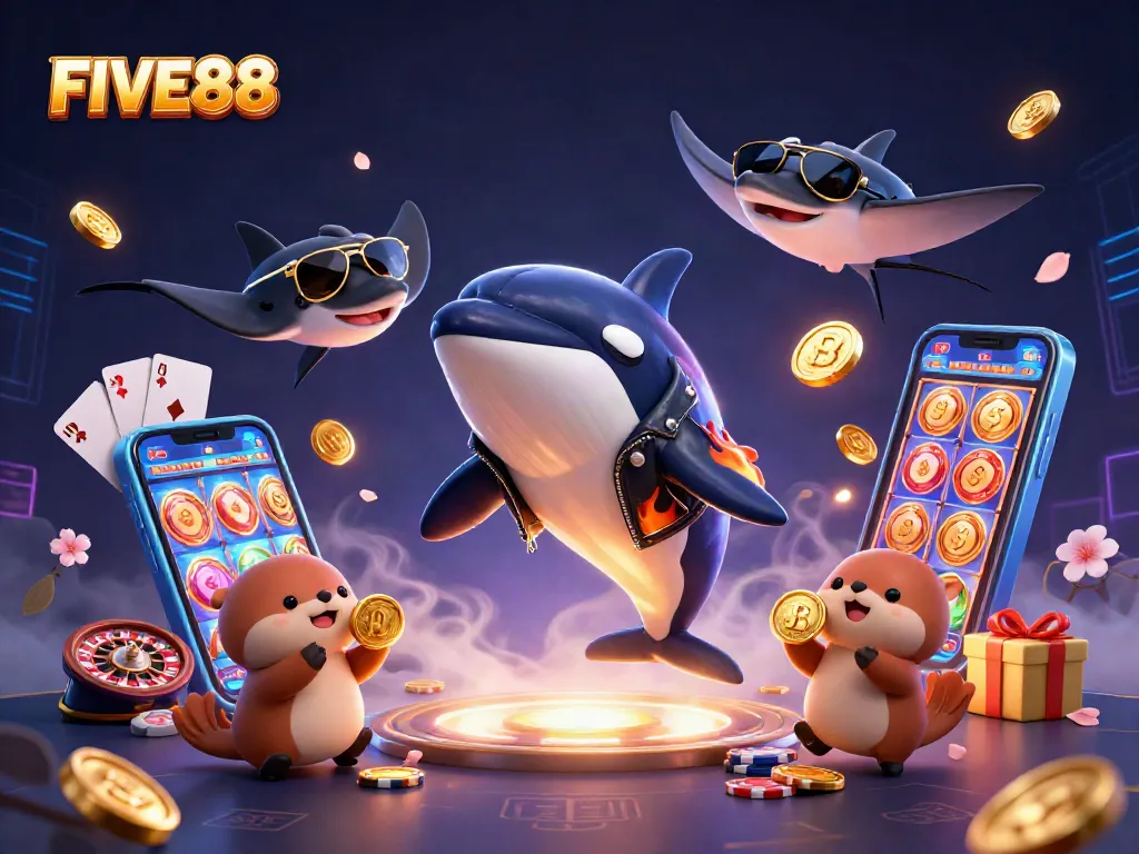 Engage in thrilling games with FIVE88's vibrant 3D casino-inspired underwater scene featuring diverse characters.