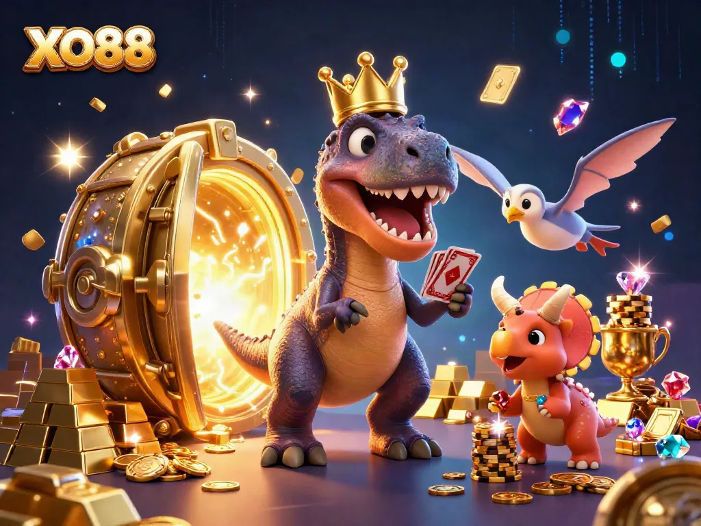 Play at XO88 with a vibrant T-Rex and friends in 3D, surrounded by riches, cards, and excitement.