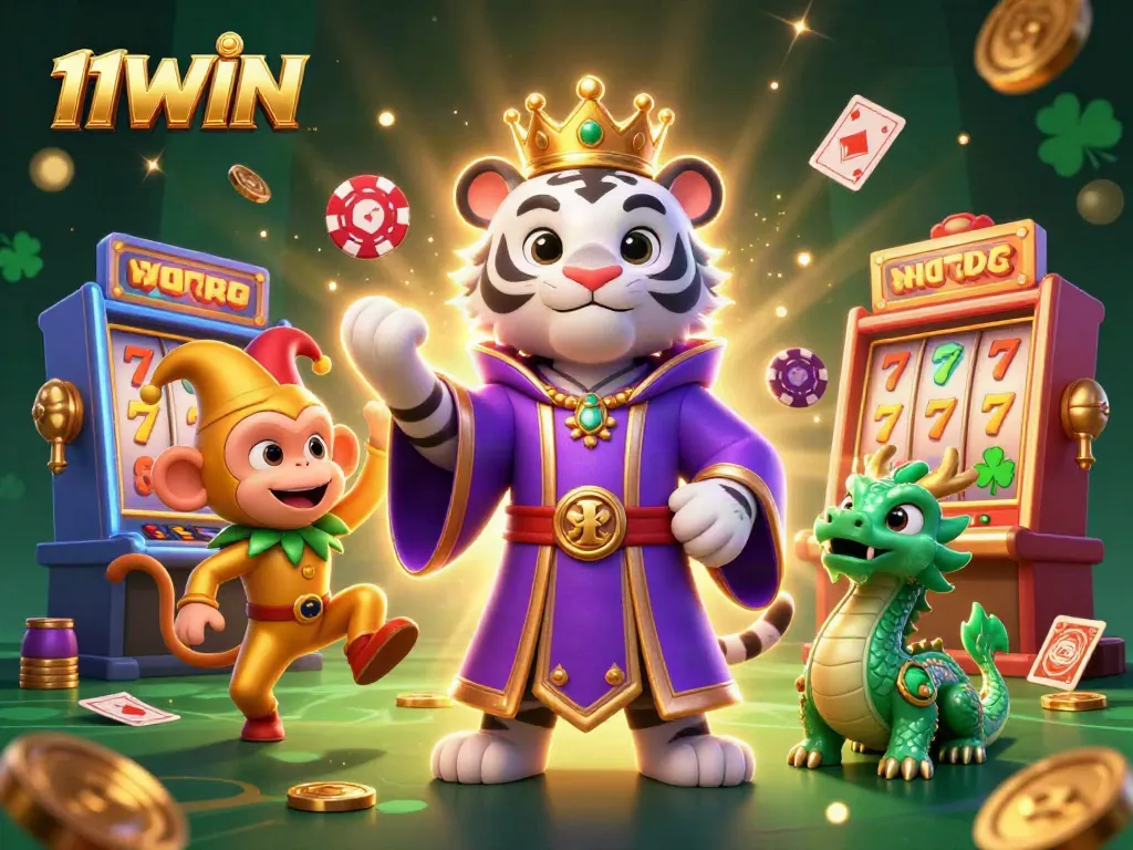 Play lucky games at 11WIN with a vibrant casino scene featuring characters and elements.