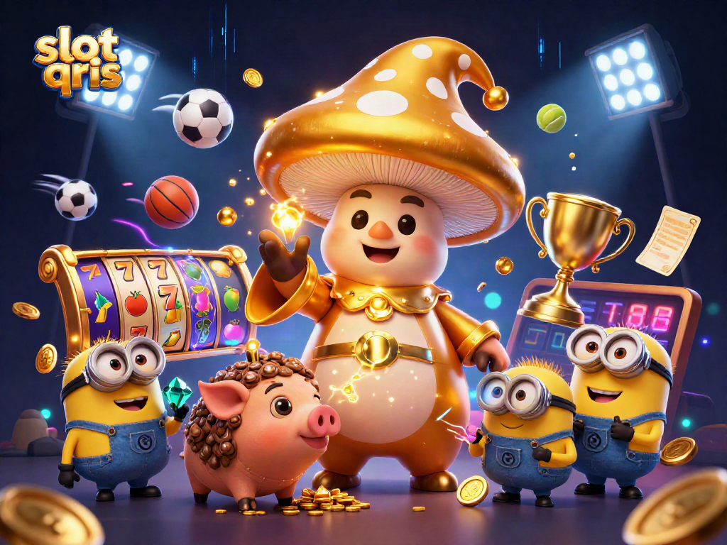 Experience the excitement of slot qris with a golden mushroom wizard and treasure-filled scene.