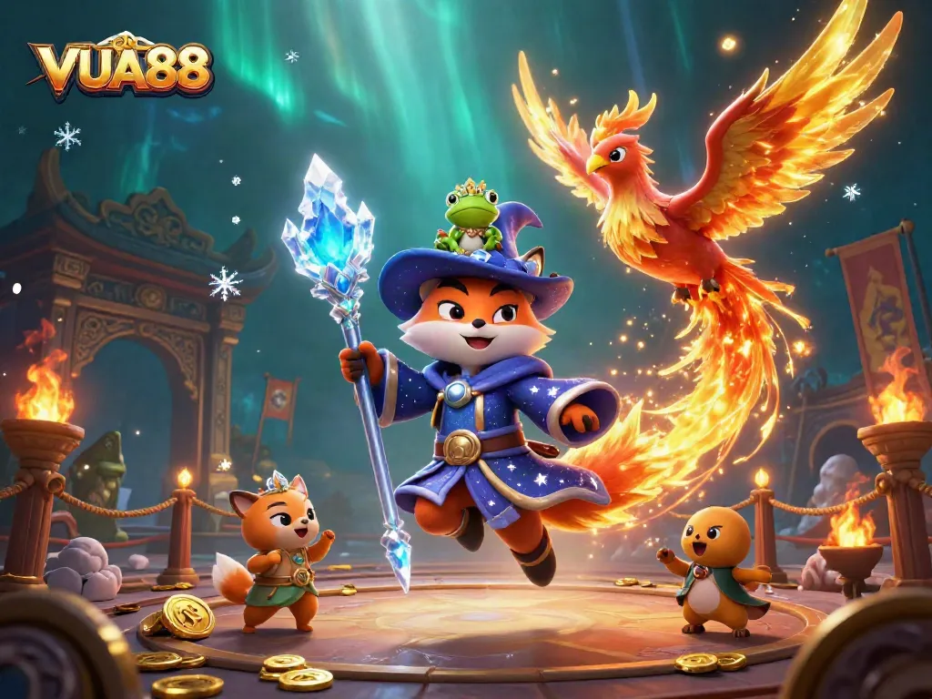 Experience the thrill of VUA88 casino action with a mystical wizard fox in a vibrant 3D scene.