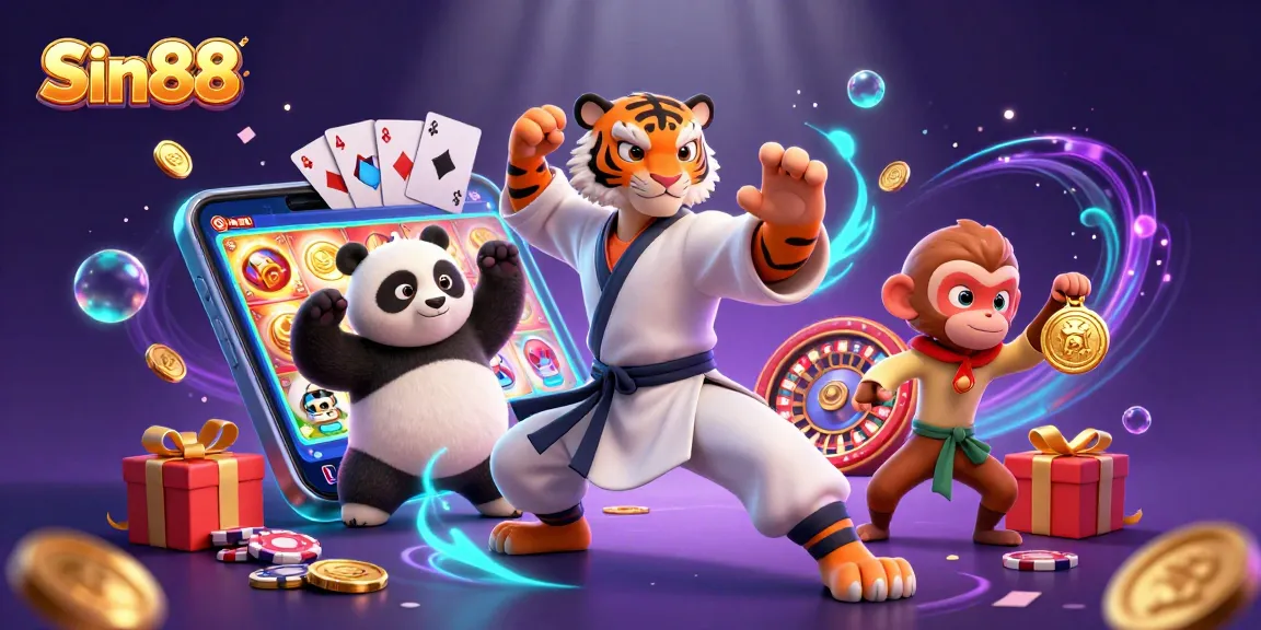 Experience thrilling gameplay at Sin88 with a dynamic 3D scene showcasing a kung fu tiger, panda, and monkey amid vibrant casino elements.