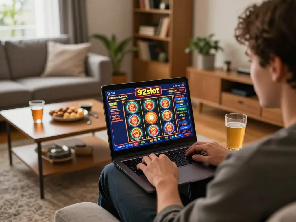 Engaged user exploring 92slot online casino on a laptop in a cozy living room setup.