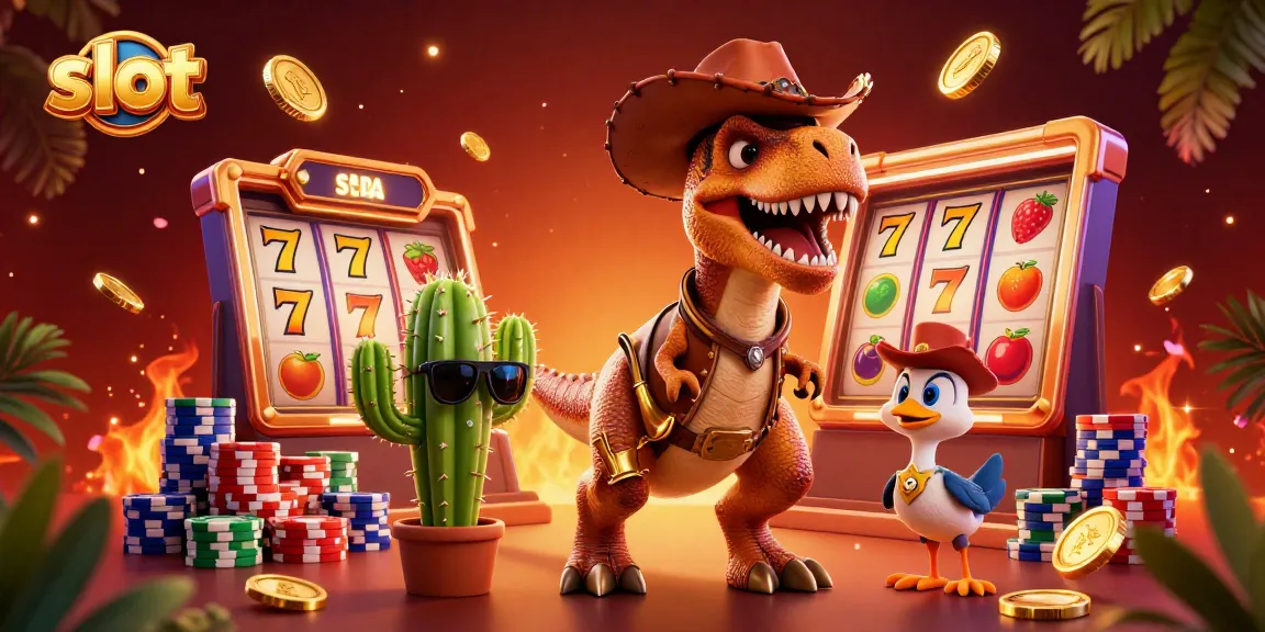 Spin the vibrant slot reels with a cowboy dinosaur, cactus, and roadrunner while enjoying thrilling casino elements.
