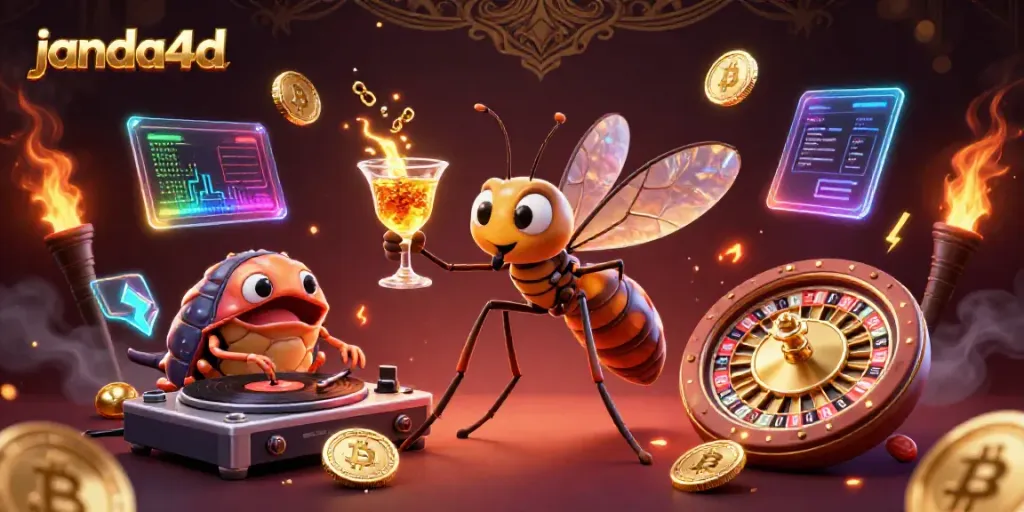 Ilustrasi 3D janda4d yang menampilkan karakter kasino dan elemen kripto.