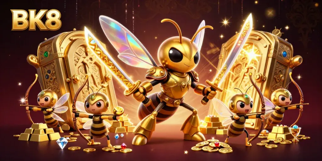Engage in the excitement with BK8's vibrant 3D casino illustration featuring a golden hornet and treasures.