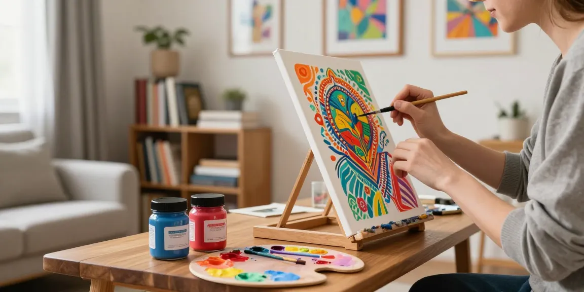 Engaging home studio scene showcasing a person painting with a custom paint kit, colorful canvas, and eco-friendly supplies.