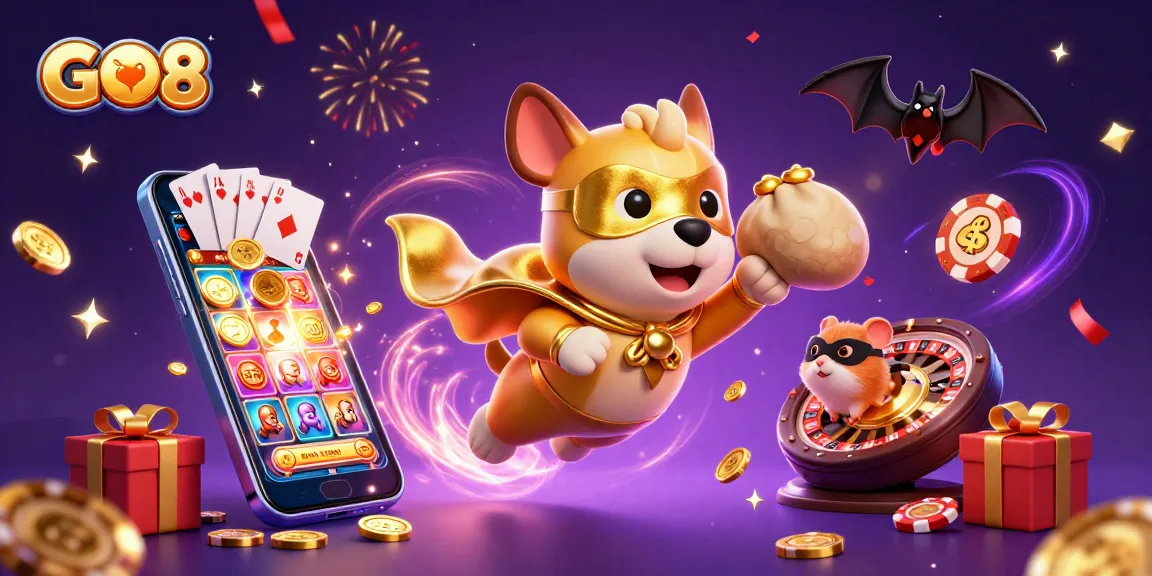 Experience the thrill of GO8 with colorful slot games, golden coins, and exciting characters.