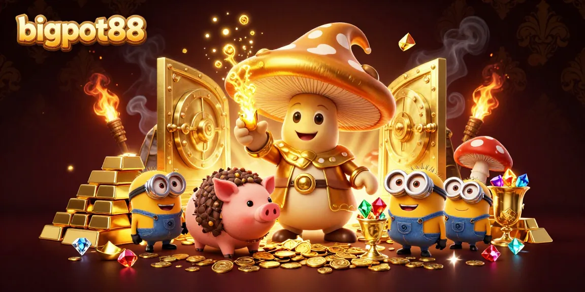 Engage with bigpot88's thrilling casino magic featuring a golden mushroom wizard conjuring treasures.