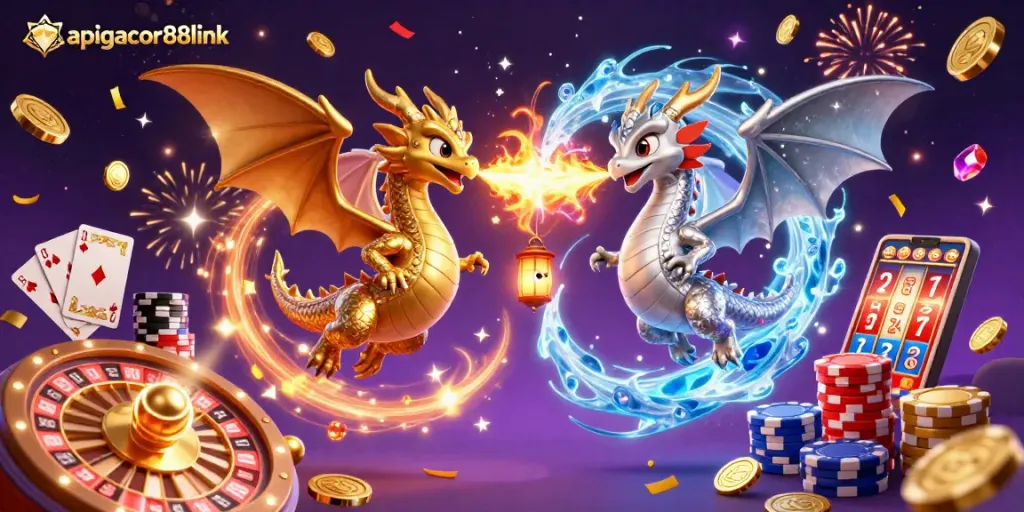 Engage in thrilling games with apigacor88link as dragons clash in a vibrant casino world.
