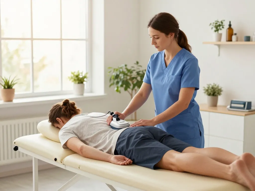 Chiropractor care session featuring gentle adjustments with ArthoStim device in a serene office.