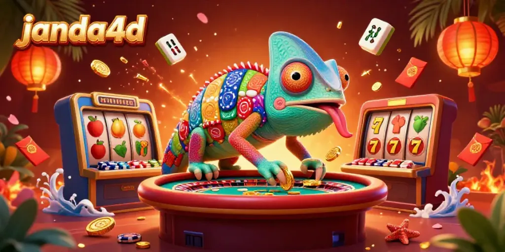 Gambarlah janda4d yang menampilkan chameleon pemilik kasino 3D di antara permainan slot, dikelilingi simbol keberuntungan.
