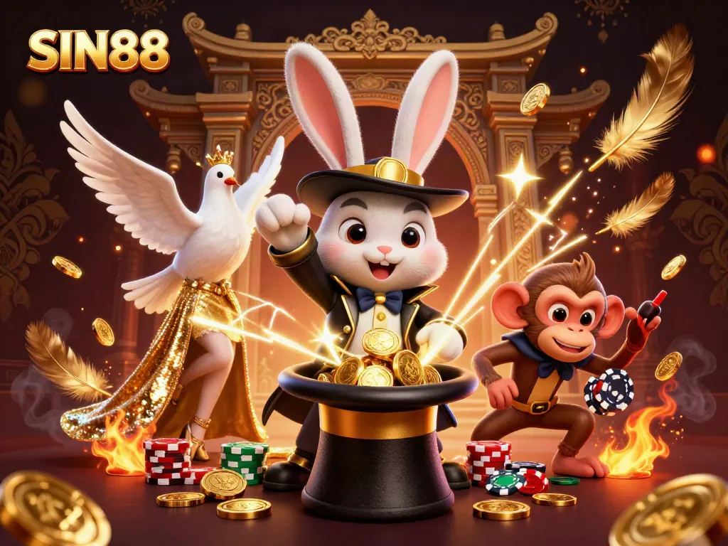 SIN88 captivates with a vibrant 3D scene highlighting a magician rabbit, dove, and monkey amidst stunning gambling elements.