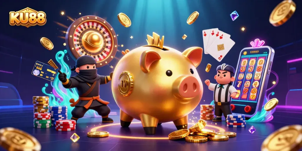 KU88 showcases a vibrant casino scene with dynamic characters and rich gaming elements.