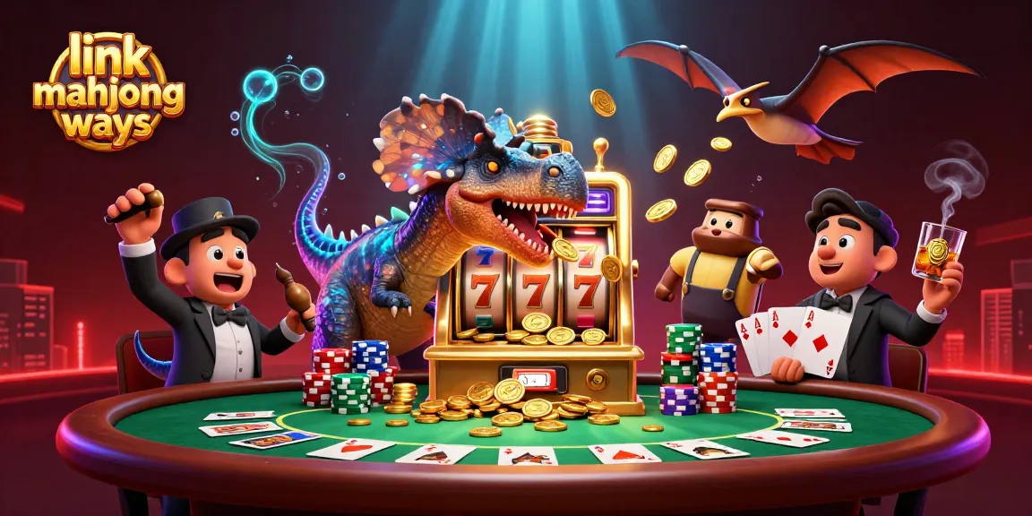 Catch vibrant action with link mahjong ways as a dinosaur hits a jackpot, amidst a chaotic casino!