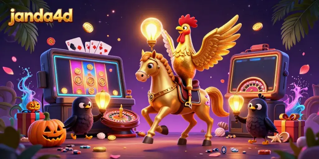 Mengambil bagian dalam aksi permainan slot janda4d, ikon digital menyala di kasino malam yang ramai.