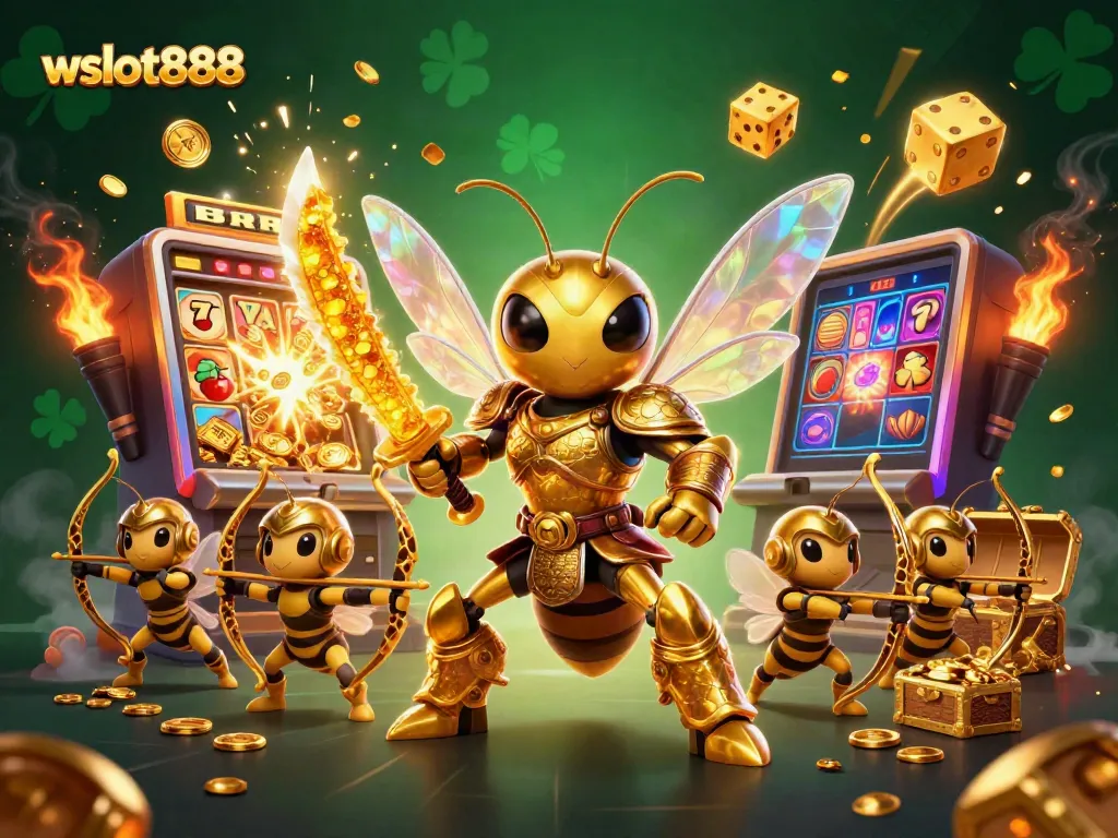 Goreng jackpot di wslot888 dengan mesin slot dan koin berhamburan.