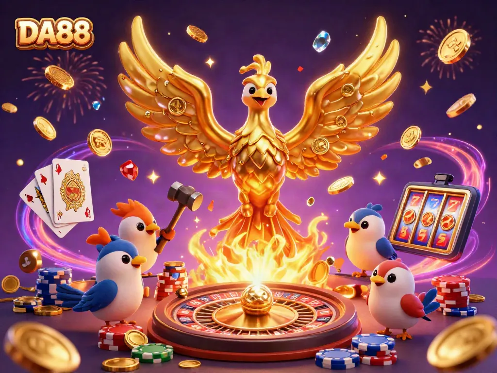 Experience the thrill of DA88 with a golden phoenix and fortune-filled casino elements.