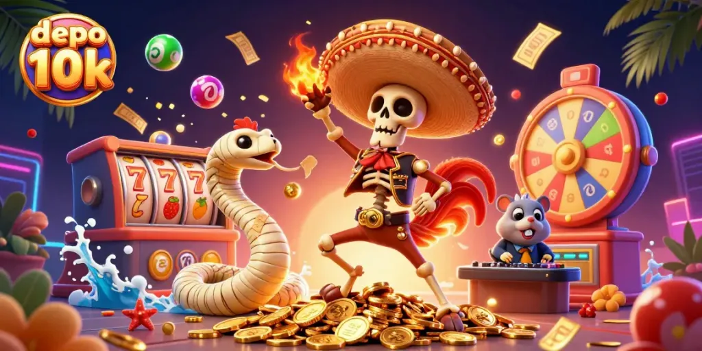 Slot depo 10k meriah dengan karakter kartun menari, bola lotere, dan simbol slot ceria.