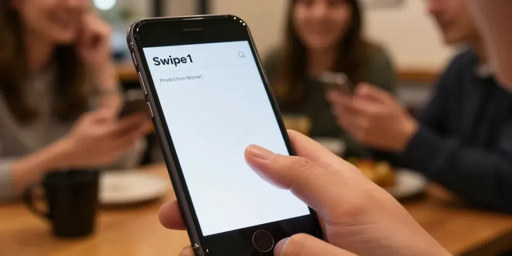 Smartphone showcasing the prediction app 予測して稼ぐ, highlighting user engagement and excitement in a café setting.