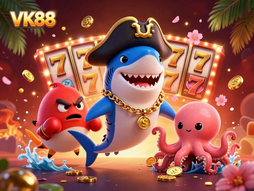 VK88 pirate shark celebrates wins with slot reels, a pufferfish, and an octopus in this vibrant casino illustration.