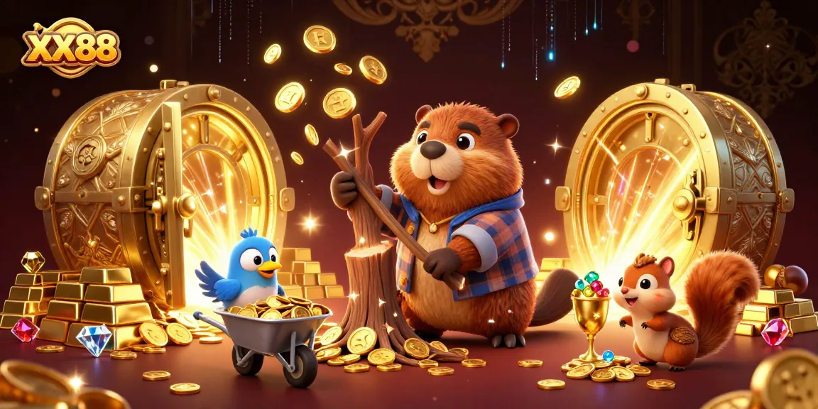 Experience excitement at XX88 with a beaver collecting coins in a lively casino scene.