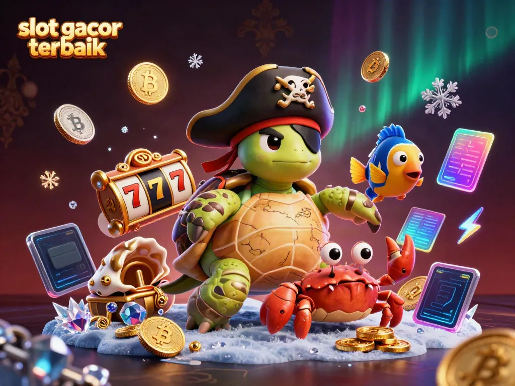 Ilustrasi slot gacor terbaik dengan karakter kura-kura bajak laut dan kepiting hermit serta elemen slot dinamis.