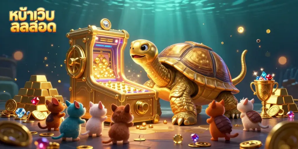Engage with the fun at หน้าเว็บสล็อต featuring a lively scene with a golden tortoise pinball machine.
