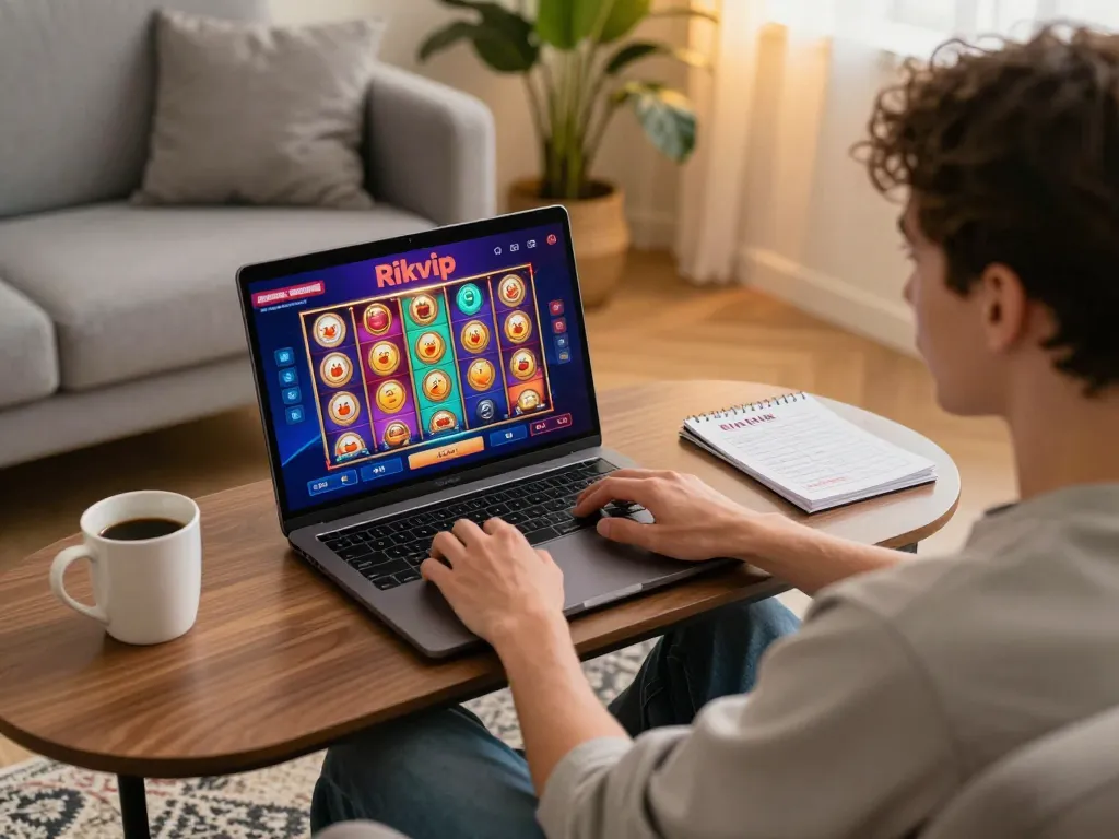 Person enjoying Rikvip online casino while strategizing with notes in a cozy home environment.