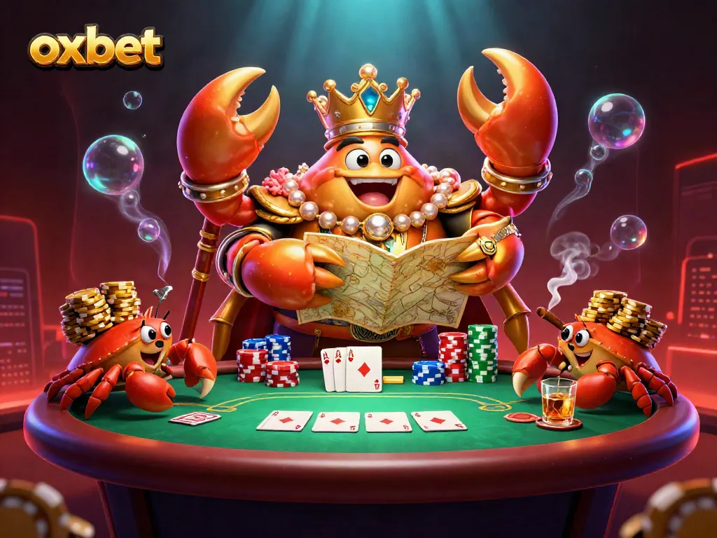Engage in thrilling casino action with oxbet, featuring a golden crab emperor at a vibrant poker table.