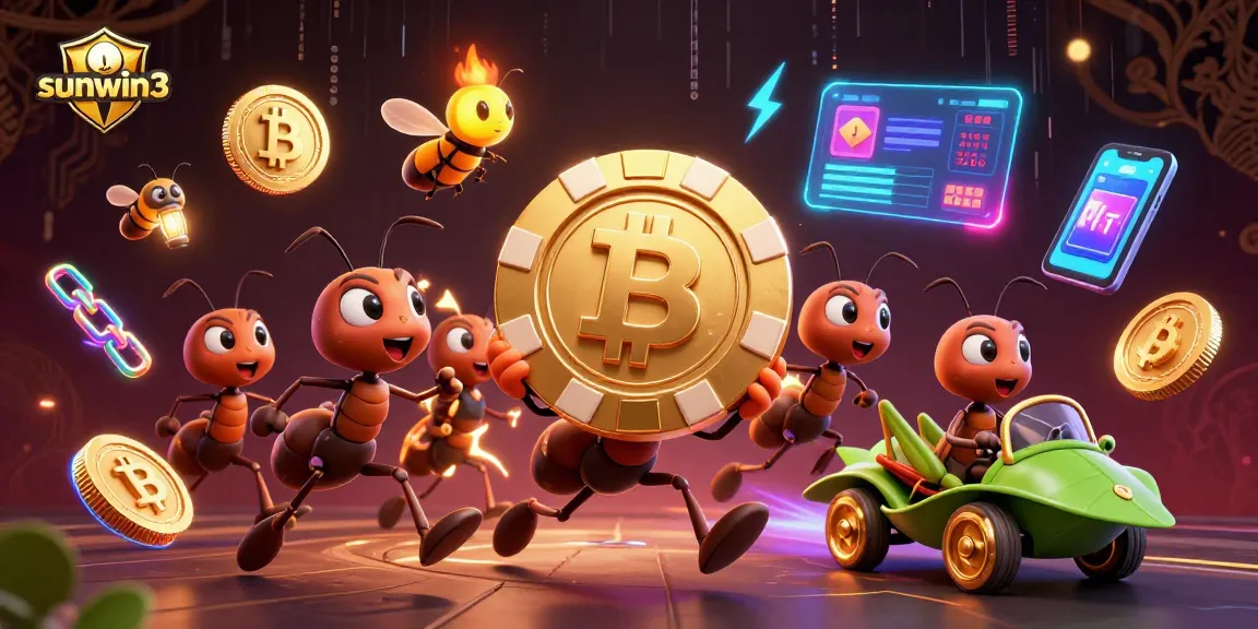 Experience the excitement of sunwin3 with a dynamic scene of ants heisting poker chips amidst glowing crypto symbols.