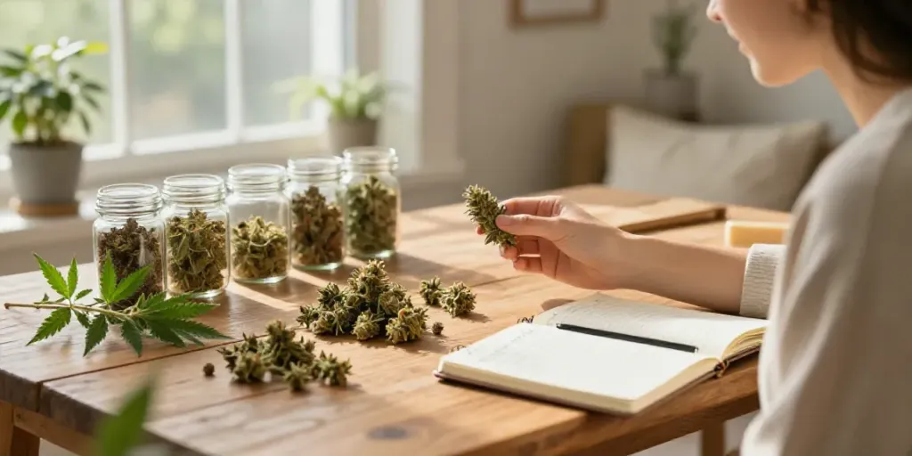 Explore premium CBD Blüten kaufen in a cozy home setting with various strains displayed.