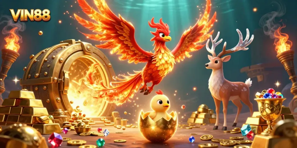 Experience the excitement at VIN88 with a vibrant 3D gaming scene filled with treasures and mythical creatures.