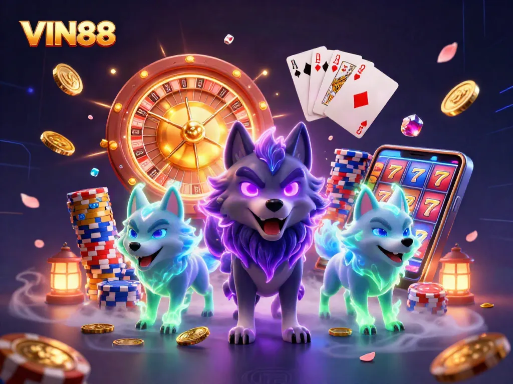 Experience thrilling gameplay at VIN88 with 3D wolf characters amidst casino elements like roulette wheels and poker chips.