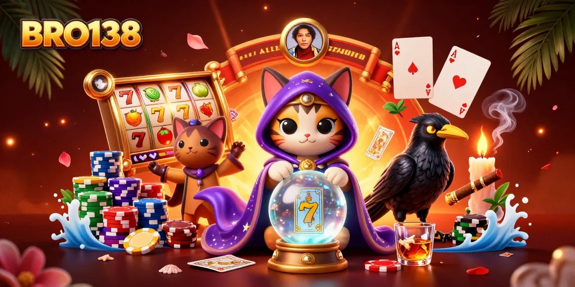 Engage with BRO138, a mystic cat and raven illustration representing vibrant online slot excitement.