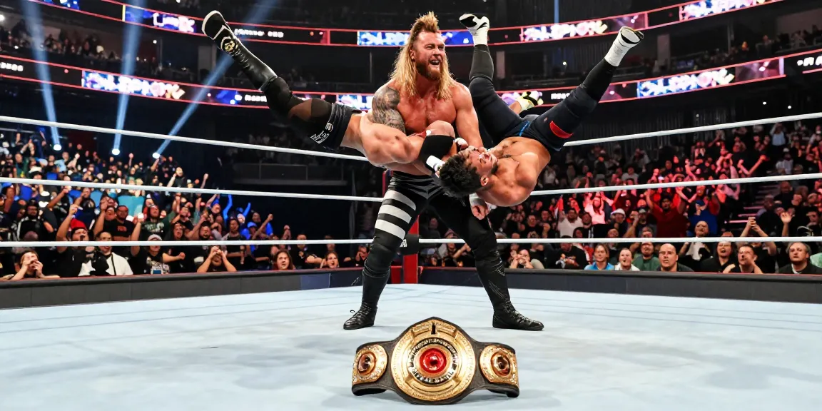 LA Knight performing a signature move in a thrilling wrestling match, captivating the crowd.