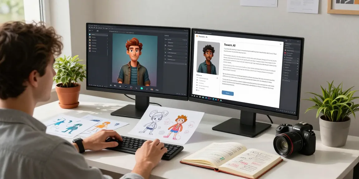 Creating a customized character in Tavern AI with dual screens, sketches, and vibrant desk atmosphere.