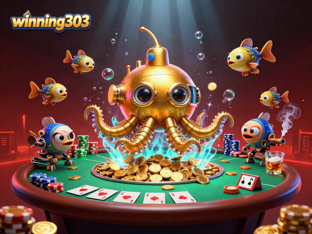 Winning303 showcases a vibrant 3D scene with a kraken submarine amidst golden coins, highlighting poker elements.