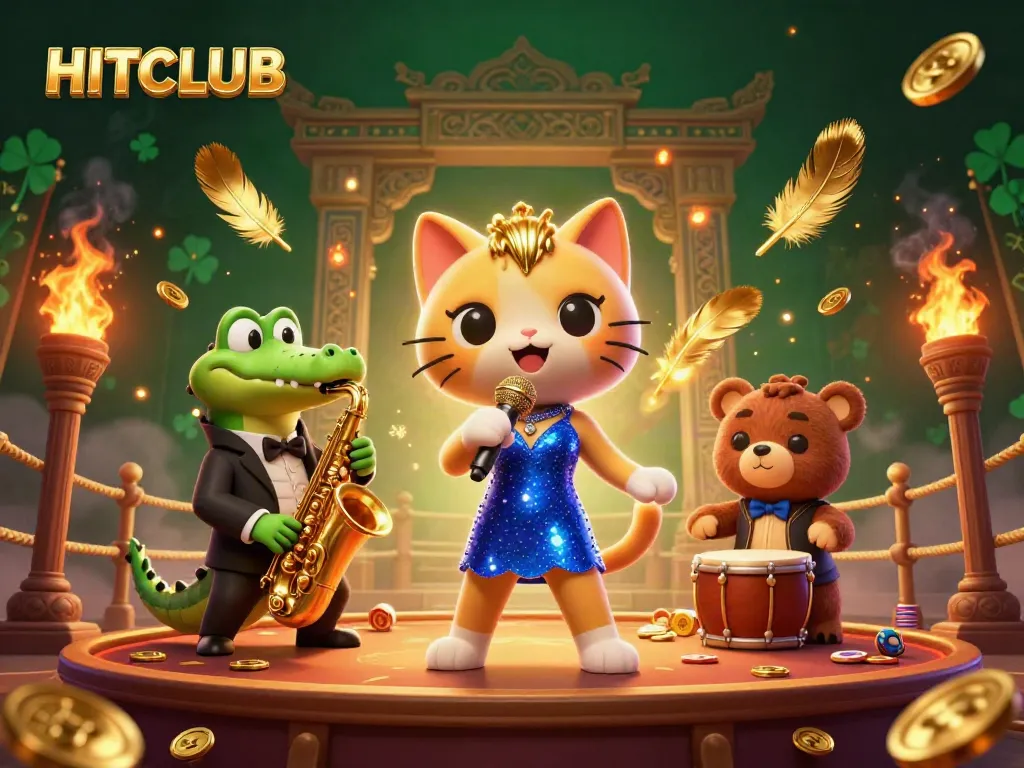 Experience the excitement at HITCLUB with vibrant casino characters performing amidst swirling gold and dynamic gaming elements.