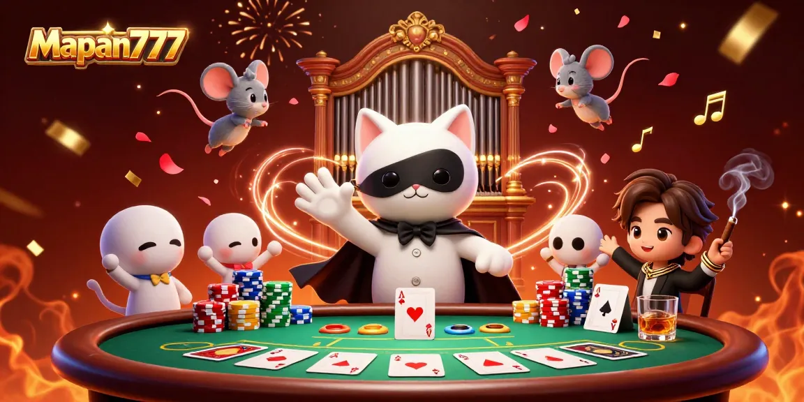 Engage with Mapan777 through an ultra-detailed 3D casino illustration showcasing vibrant poker elements.