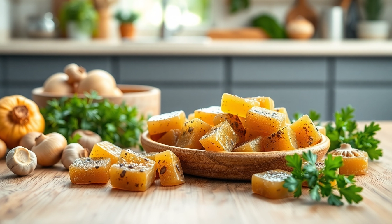 Enjoying delicious mushroom gummies with a fresh herbal backdrop that enhances their appeal.