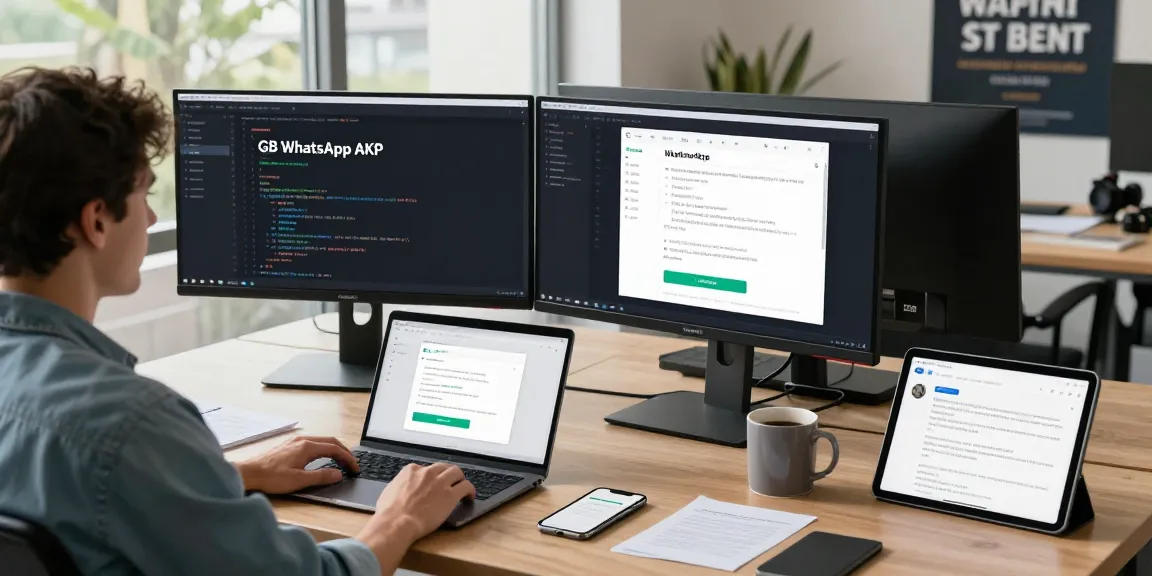 Developer showcasing GB WhatsApp APK features on dual monitors in a modern tech workspace.