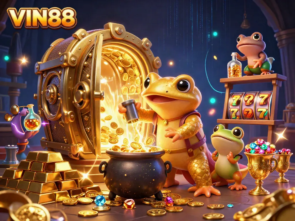Experience the enchanting world of VIN88 where a golden salamander alchemist creates fortune amidst gold coins and jewels.